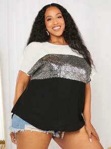 SHEIN CURVE+ Áo sơ mi Plus Size Nút ghép mộng kim sa Khối Màu Giải trí - màu đen - Xem 4