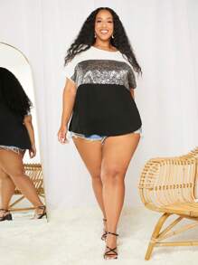 SHEIN CURVE+ Áo sơ mi Plus Size Nút ghép mộng kim sa Khối Màu Giải trí - màu đen - Xem 7