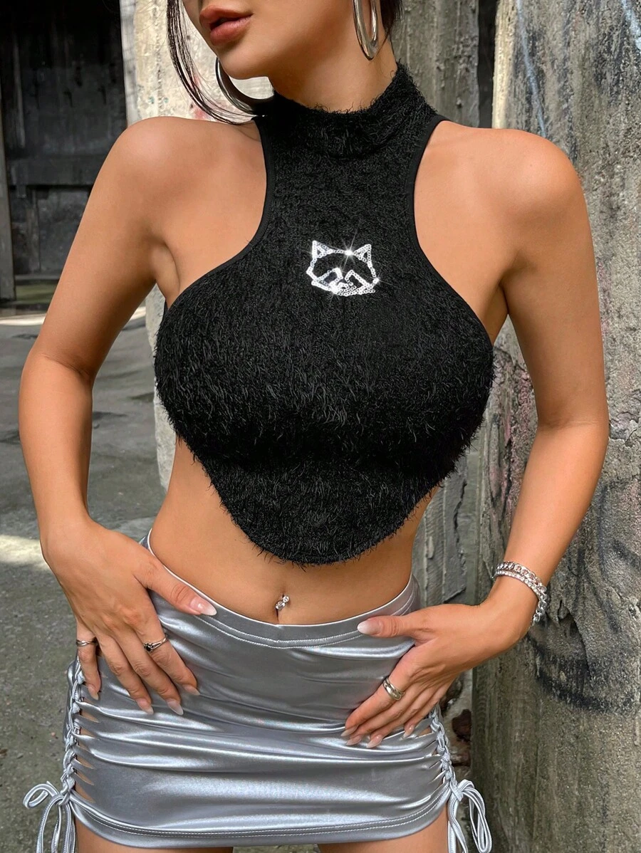 SHEIN ICON Animal Sequin Asymmetrical Hem Crop Fuzzy Halter Top - Black - View 1