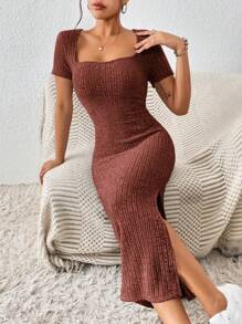 SHEIN Frenchy 方領高衩連衣裙 - 鏽棕色 - 查看 4