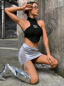 SHEIN ICON Animal Sequin Asymmetrical Hem Crop Fuzzy Halter Top - Black - View 9