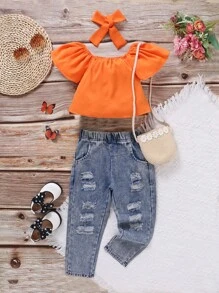 小女童露肩上衣&破洞牛仔褲套裝 - 彩色 - 查看 1