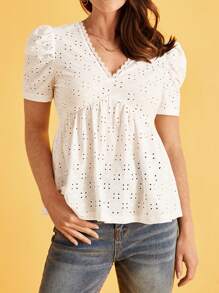 SHEIN Frenchy Áo thun nữ Tương phản ren Viên lá sen Tranh thêu màu trơn Giải trí - trắng - Xem 1