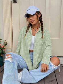SHEIN Qutie In kẻ sọc Thả vai Áo sơ mi - màu xanh lá - Xem 6