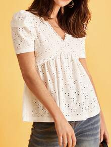 SHEIN Frenchy Áo thun nữ Tương phản ren Viên lá sen Tranh thêu màu trơn Giải trí - trắng - Xem 2