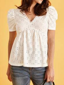 SHEIN Frenchy Áo thun nữ Tương phản ren Viên lá sen Tranh thêu màu trơn Giải trí - trắng - Xem 3