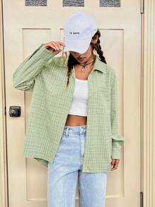 SHEIN Qutie In kẻ sọc Thả vai Áo sơ mi - màu xanh lá - Xem 3