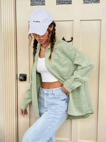 SHEIN Qutie In kẻ sọc Thả vai Áo sơ mi - màu xanh lá - Xem 4