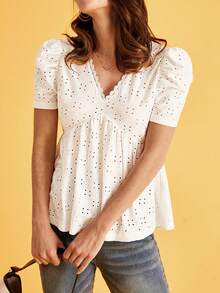 SHEIN Frenchy Áo thun nữ Tương phản ren Viên lá sen Tranh thêu màu trơn Giải trí - trắng - Xem 4