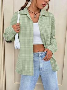 SHEIN Qutie In kẻ sọc Thả vai Áo sơ mi - màu xanh lá - Xem 5