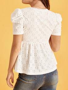 SHEIN Frenchy Áo thun nữ Tương phản ren Viên lá sen Tranh thêu màu trơn Giải trí - trắng - Xem 5