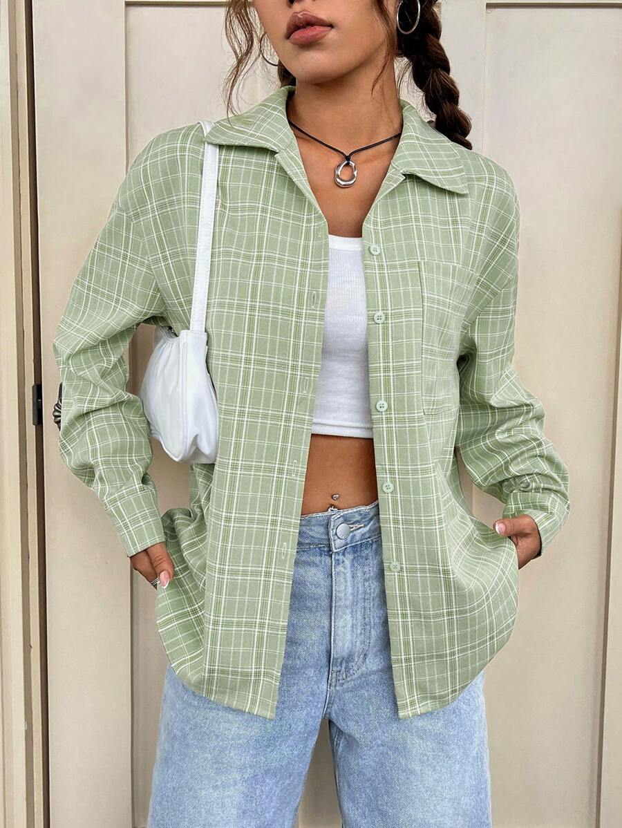 SHEIN Qutie In kẻ sọc Thả vai Áo sơ mi - màu xanh lá - Xem 1