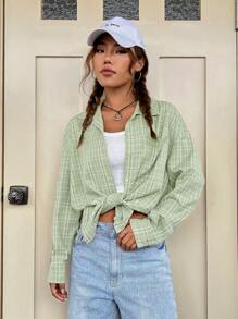 SHEIN Qutie In kẻ sọc Thả vai Áo sơ mi - màu xanh lá - Xem 7