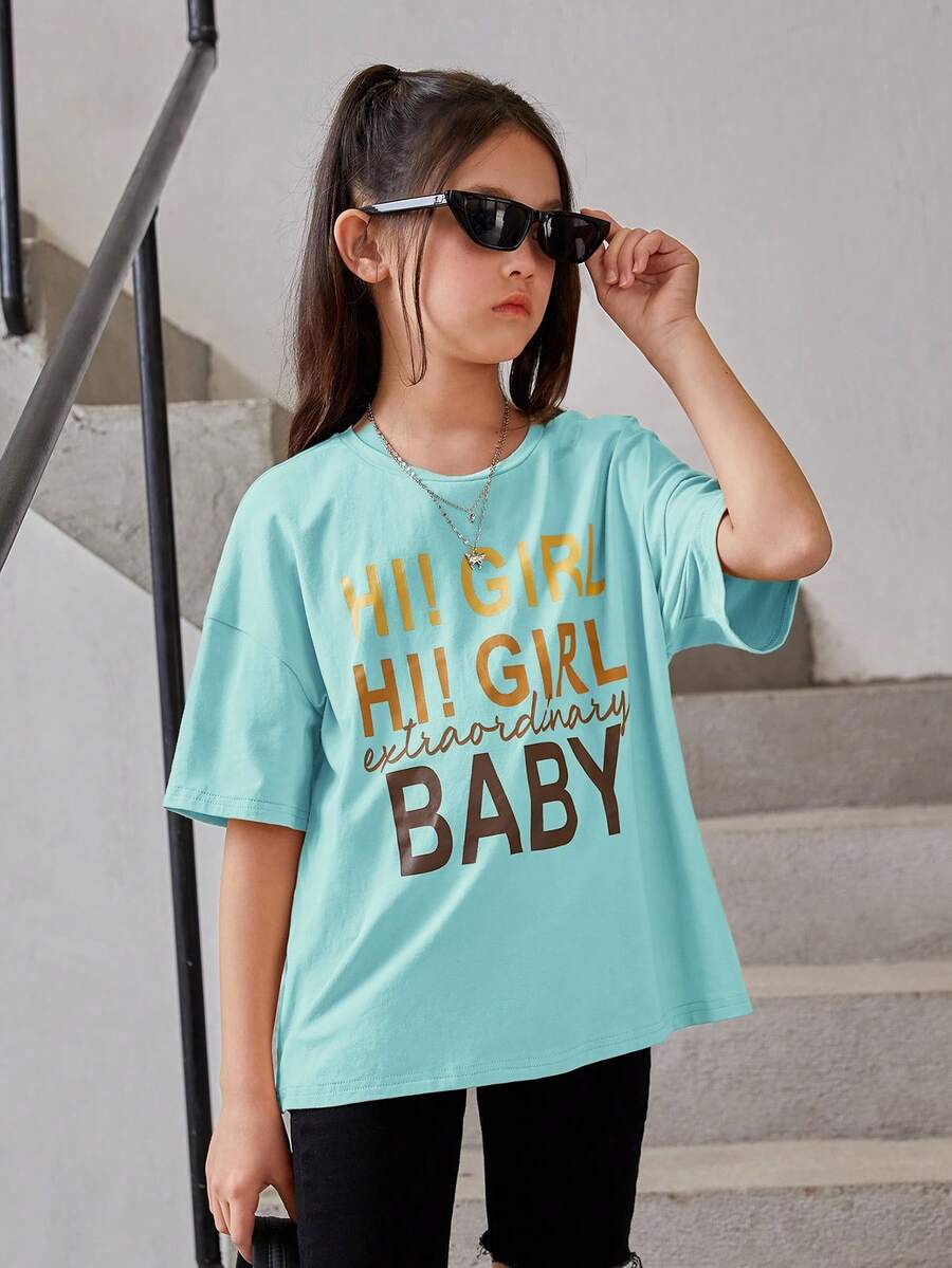 SHEIN Tops con gái Slogan Giải trí - Màu xanh Bạc hà - Xem 1