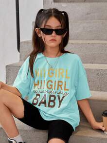 SHEIN Tops con gái Slogan Giải trí - Màu xanh Bạc hà - Xem 3