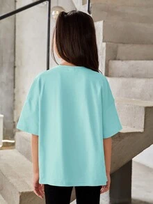 SHEIN Tops con gái Slogan Giải trí - Màu xanh Bạc hà - Xem 5