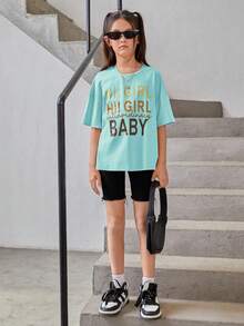 SHEIN Tops con gái Slogan Giải trí - Màu xanh Bạc hà - Xem 6