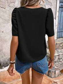 SHEIN LUNE Solid Puff Sleeve V Neck Blouse - Black - View 2