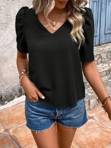 SHEIN LUNE Solid Puff Sleeve V Neck Blouse - Black - View 3