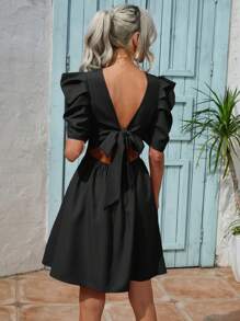 SHEIN LUNE 後背繫帶泡泡袖連衣裙 - 黑色 - 查看 2