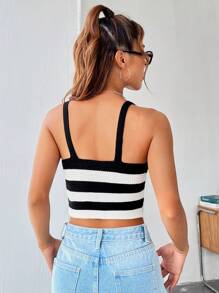 SHEIN EZwear Mẫu sọc Ngắn Cami Knit Top - Đen và trắng - Xem 2