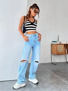 SHEIN EZwear Mẫu sọc Ngắn Cami Knit Top - Đen và trắng - Xem 4