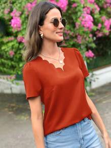 SHEIN LUNE Solid Scallop Trim Top - Burnt Orange - View 1