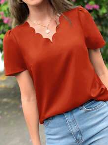 SHEIN LUNE Solid Scallop Trim Top - Burnt Orange - View 3