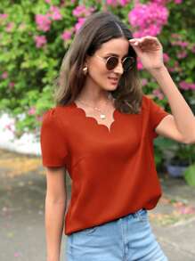 SHEIN LUNE Solid Scallop Trim Top - Burnt Orange - View 4