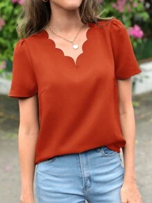 SHEIN LUNE Solid Scallop Trim Top - Burnt Orange - View 5