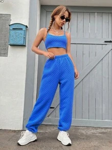 SHEIN EZwear Chất rắn Cắt chóp Cami & Quần nỉ - Màu xanh lam - Xem 1