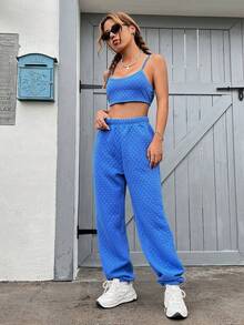 SHEIN EZwear Chất rắn Cắt chóp Cami & Quần nỉ - Màu xanh lam - Xem 4