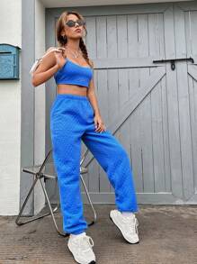 SHEIN EZwear Chất rắn Cắt chóp Cami & Quần nỉ - Màu xanh lam - Xem 5