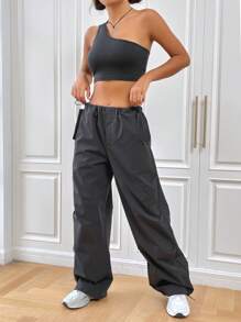 SHEIN EZwear Bộ đồ hai mảnh nữ Túi màu trơn Giải trí - Xám - Xem 3