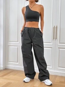 SHEIN EZwear Bộ đồ hai mảnh nữ Túi màu trơn Giải trí - Xám - Xem 4