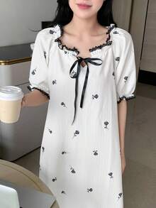 DAZY 印花蕾絲邊前繫帶泡泡袖連衣裙 - 白色 - 查看 5