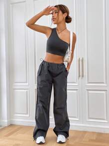 SHEIN EZwear Bộ đồ hai mảnh nữ Túi màu trơn Giải trí - Xám - Xem 6