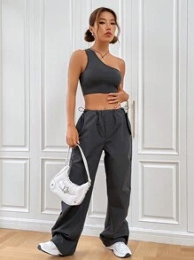 SHEIN EZwear Bộ đồ hai mảnh nữ Túi màu trơn Giải trí - Xám - Xem 7