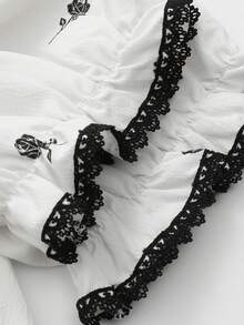 DAZY 印花蕾絲邊前繫帶泡泡袖連衣裙 - 白色 - 查看 8