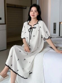 DAZY 印花蕾絲邊前繫帶泡泡袖連衣裙 - 白色 - 查看 9