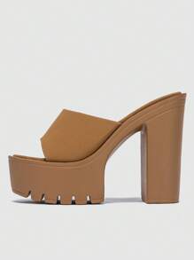 女士粗跟防水厚底一脚蹬穆勒鞋，棕色夏季透气休闲街头高跟凉鞋 - 卡其色 - 查看 3