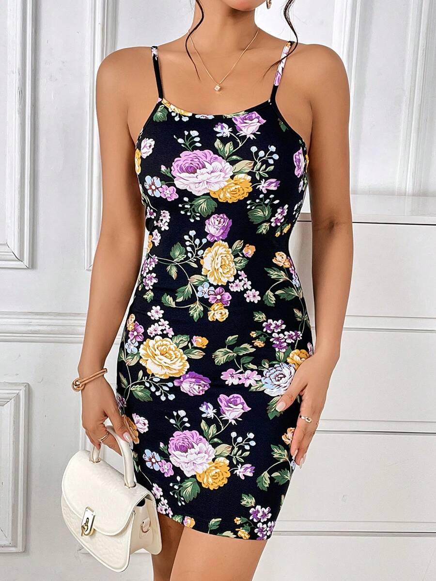 SHEIN Privé Floral Print Cami Bodycon Dress
