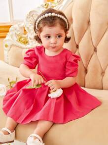 SHEIN 嬰兒素色泡泡袖後綁帶蝴蝶結百褶下擺洋裝