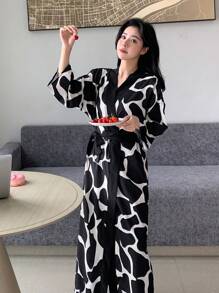 DAZY Allover Print Contrast Trim Belted Robe,Back To School Pajama, For Fall - Black and White - View 9