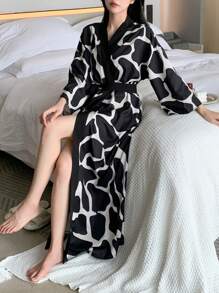 DAZY Allover Print Contrast Trim Belted Robe,Back To School Pajama, For Fall - Black and White - View 7