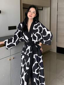 DAZY Allover Print Contrast Trim Belted Robe,Back To School Pajama, For Fall - Black and White - View 3