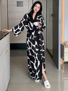 DAZY Allover Print Contrast Trim Belted Robe,Back To School Pajama, For Fall - Black and White - View 1
