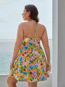 SHEIN VCAY Plus Floral Print Tie Backless Halter Dress - Multicolor - View 2
