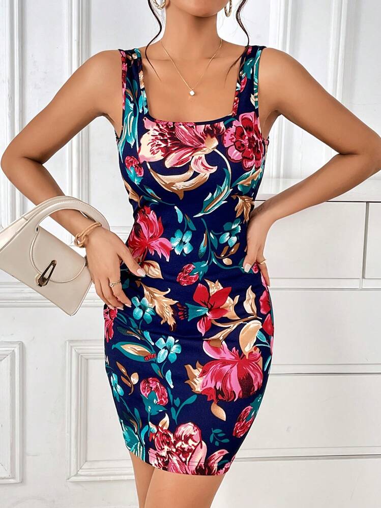 SHEIN Privé Robe Sans Manches Moulante Imprimé Floral - Multicolore - Voir 1