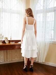 SHEIN MOD Vestido estilo camiseta campesina sin corset con capas de volantes en el dobladillo y busto fruncido - Blanco - Ver 5